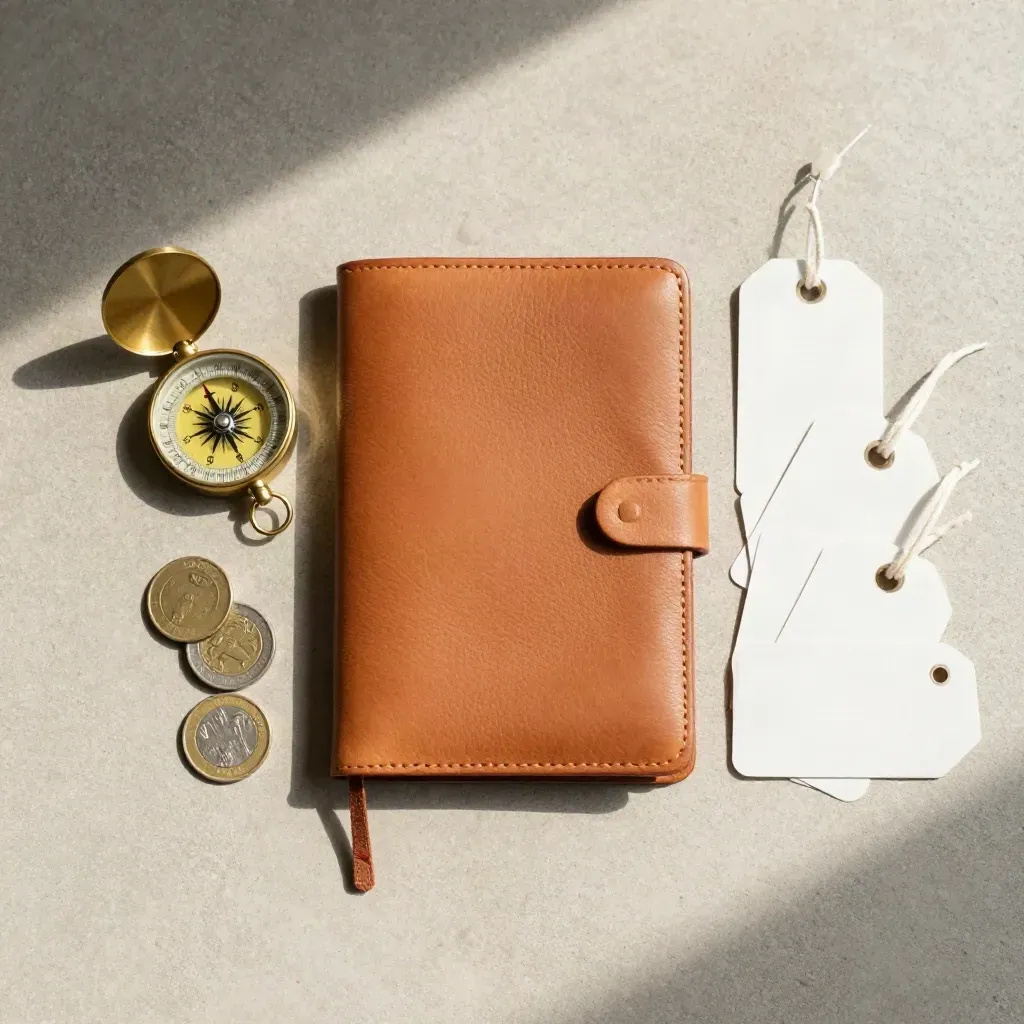 Flatlay alat brief perjalanan: buku nota kulit, kompas, syiling dan tag bagasi di atas konkrit lembut.